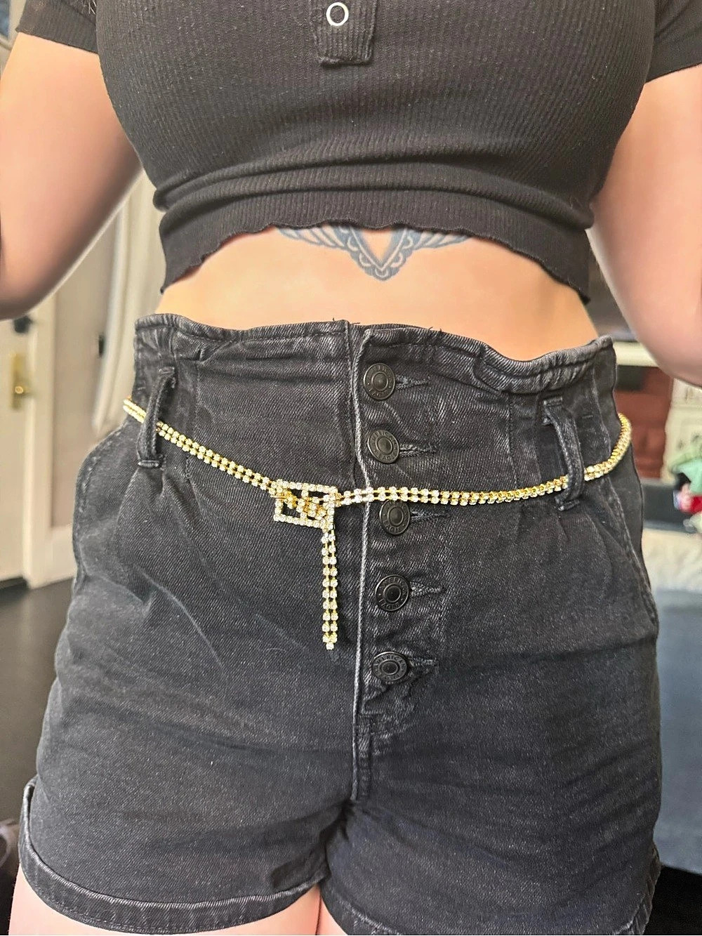 Rhinestone Chain Belt in Gold & Black Like New